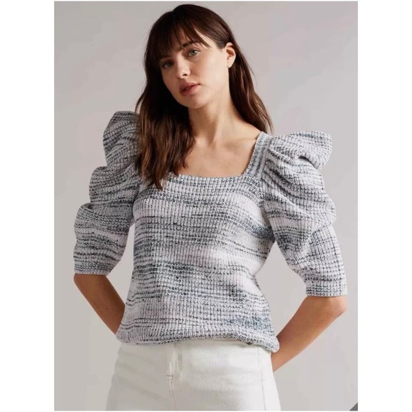 TED BAKER Aspel Puff Sleeve Sweater Womens 12 14 White Gray Marled Tie Back Knit - Picture 1 of 16